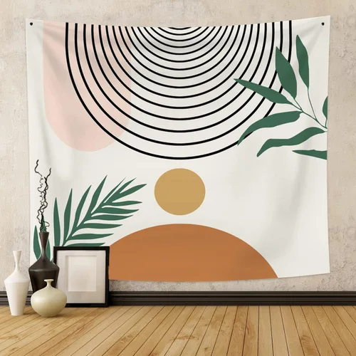 Vista 4 de Tapiz bohemio de mediados de siglo, moderno abstracto geométrico, tapiz con diseño de arco de sol, hojas verdes, tapices para colgar en la pared, 59
