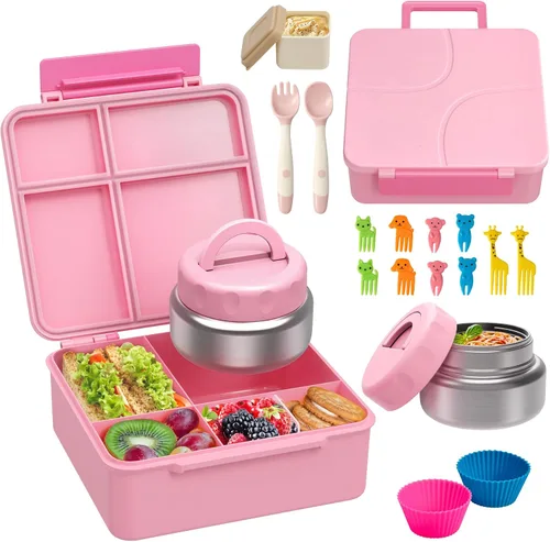 Vista 10 de Lonchera Bento con termo de sopa de 9.5 onzas, a prueba de fugas, 4 compartimentos, con cupcake de silicona, tenedor de frutas, cuchara y taza