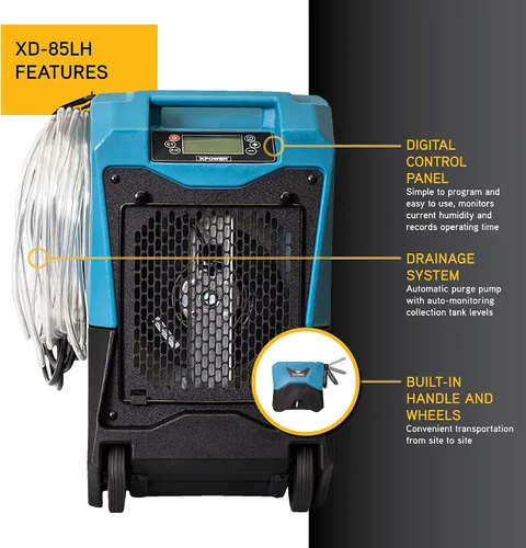 Vista 3 de XPOWER Deshumidificador LGR comercial XD-85LH para sótanos y espacios de arrastre - Azul