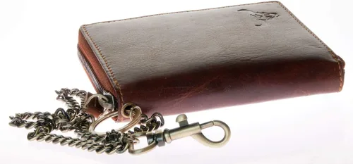 Vista 2 de FLW Cartera de piel auténtica esmaltada con cremallera alrededor (cremallera alrededor) con cadena, Marrón, Cartera con cremallera