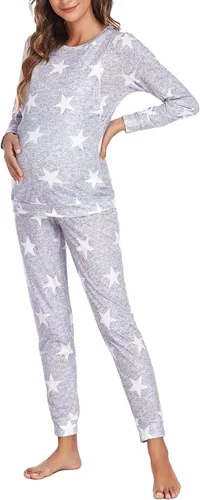 Vista 2 de Ekouaer Conjunto de ropa interior térmica de maternidad y lactancia, conjunto de pantalones largos de punto a rayas, capa base superior e inferior