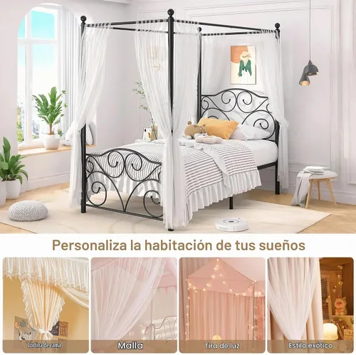 Vista 4 de VECELO Base de cama con dosel de metal, tamaño individual, base de colchón con plataforma de 4 pósteres con cabecero, soporte de listones de acero