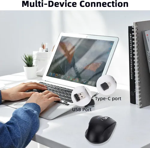 Vista 5 de Mouse inalámbrico Bluetooth con USB-A, receptor USB-C, recargable, 3 dispositivos, tamaño completo, clic silencioso, mouse ergonómico para Negro