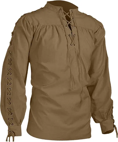Vista 7 de Camisa medieval pirata para hombre, manga larga, con cordones, gótico renacentista, steampunk
