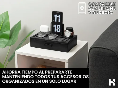 Vista 3 de Holme & Hadfield - Estación de acoplamiento de madera para teléfono con cajón y soporte para reloj
