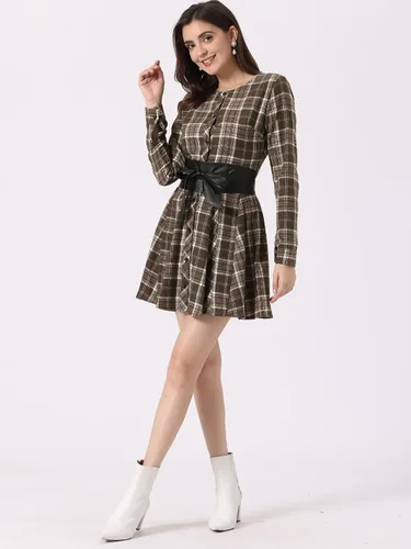 Vista 2 de Allegra K Vestido de Navidad a cuadros para mujer, de manga larga, con botones, con cinturón