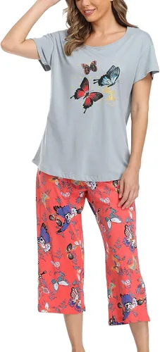 Vista 2 de ENJOYNIGHT - Conjunto de pijama de algodón para mujer, pijama de manga corta y pantalones capri, ropa de dormir de 2 piezas