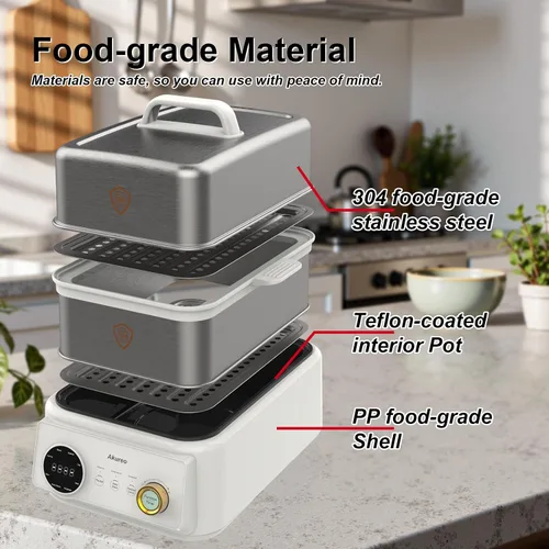 Vista 2 de Vaporizador de 10 L + olla de cocción de 4.5 L, vaporizador eléctrico de alimentos para 4 a 6 porciones, vapor vegetal, función de mantenimiento