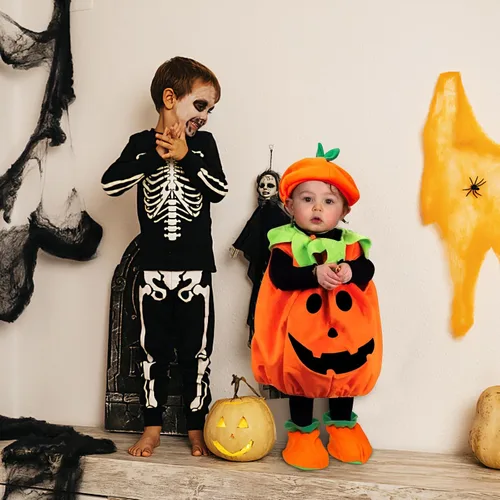 Vista 3 de EVNEED Disfraz de calabaza de Halloween, lindo disfraz de calabaza de Halloween para niños y niñas, ropa de fiesta de disfraces de calabaza