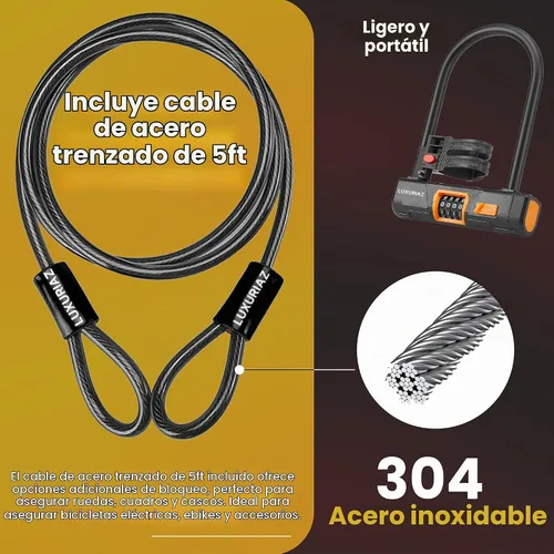 Vista 3 de Cerradura de bicicleta resistente con cable de acero de 5 pies, combinación reiniciable de 4 dígitos, bloqueo de cable duradero para protección