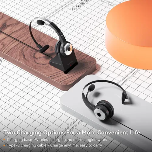 Vista 4 de LEVN Auriculares inalámbricos con micrófono para el trabajo, auriculares inalámbricos (base de carga, cancelación de ruido y botón de silencio)