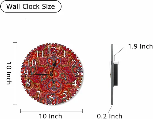 Vista 2 de Reloj de Pared Bohemio con Textura Paisley de 10 Pulgadas Operado por Batería Vector Color Rojo Brillante Reloj Silencioso Sin Tictac Relojes
