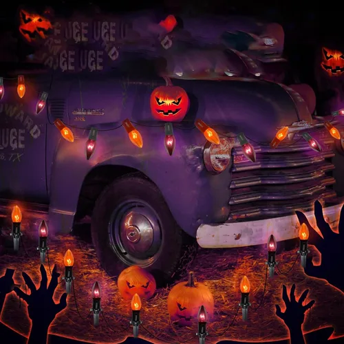 Vista 4 de Luces de camino de Halloween al aire libre, 19.5 pies de C9, luces de poste de Halloween con 10 bombillas C9 naranjas transparentes y negras, luces
