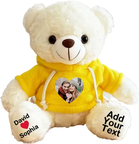 Vista 13 de Oso de peluche personalizado con fecha de texto de imagen, juguetes de peluche personalizados de 11 pulgadas, regalo para novia, novio, cumpleaños