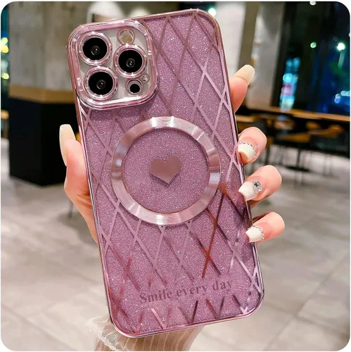 Vista 7 de Funda magnética para iPhone 13 Pro Max, compatible con Magsafe, con purpurina transparente, corazón, red de red, delgada, suave, protector de cámara