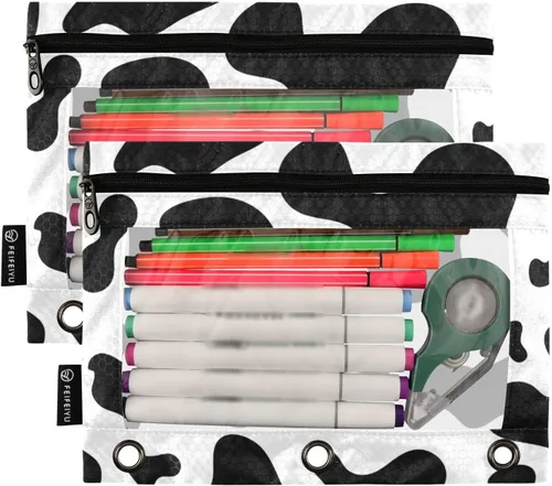Vista 2 de SUABO Estuche para lápices con estampado de piel de vaca para carpeta de 3 anillas, estuche para lápices, bolsa de cosméticos con ventana G1