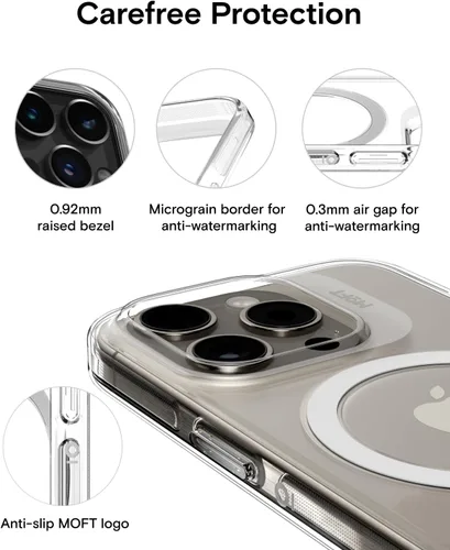 Vista 4 de MOFT Funda magnética para iPhone 15 Plus, antiamarilleamiento y arañazos, protección de grado militar, sin BPA, a prueba de golpes, transparente