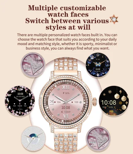 Vista 5 de Relojes inteligentes para mujer con llamadas Bluetooth de diamantes, reloj inteligente con pantalla HD de 1.27 pulgadas, rastreador de actividad