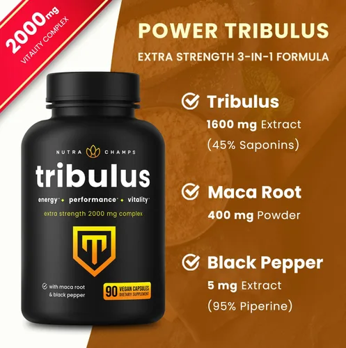 Vista 3 de NutraChamps Tribulus Terrestris para hombres, suplemento potenciador de 2000 mg para energía, vitalidad, resistencia y rendimiento, saponinas extra
