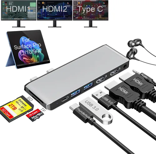 Vista 10 de Estación de acoplamiento Surface Pro 12, Quad Display Surface Pro 12 Hub USB con HDMI 4K dual 4K, Thunerbolt 4 Hub
