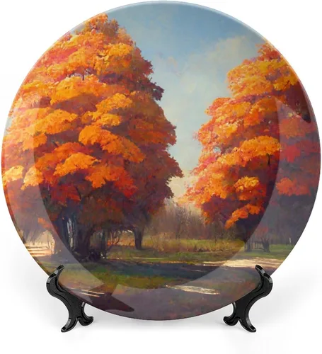 Vista 16 de Platos decorativos de pintura de paisaje de árboles de montaña otoñal, platos decorativos para decoración del hogar, platos de cena de temporada