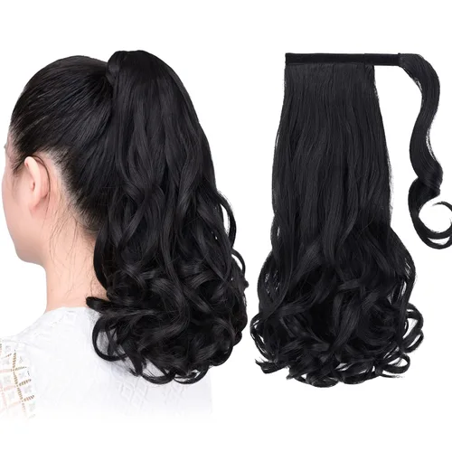 Vista 55 de Extensiones de cola de caballo, extensión de cola de caballo negra de 16 pulgadas, corta, ondulada, rizada, envolvente, resistente al calor