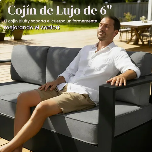 Vista 4 de LayinSun - Juego de muebles de exterior de aluminio de gran tamaño de 5 piezas con mesa auxiliar Negro/Gris oscuro