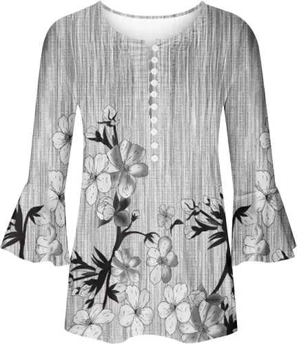 Vista 54 de Ceboyel Blusa tipo túnica con estampado floral para mujer, con botones, estilo Henley, con manga de codo, casual, trajes de moda para mujer