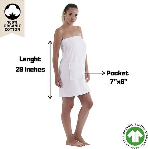 Vista 2 de C&B - Toalla envolvente para mujer, 100% algodón turco orgánico, ajustable, para spa, gimnasio, piscina con bolsillo (blanco)