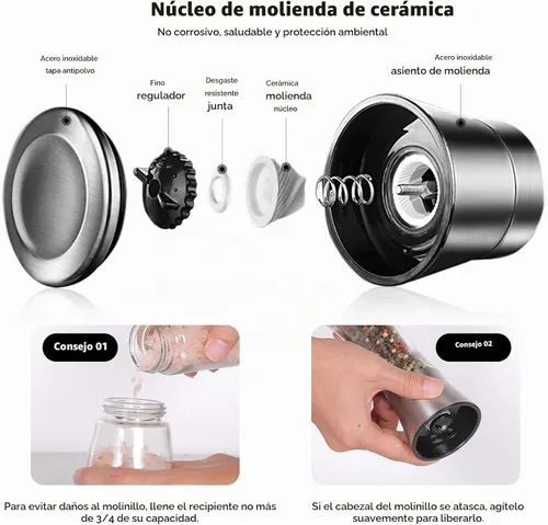 Vista 4 de Molinillo de pimienta de acero inoxidable y molinillos de sal, tapa de sal y pimienta, fácil de usar y ajustable para sal y pimienta, molinillo
