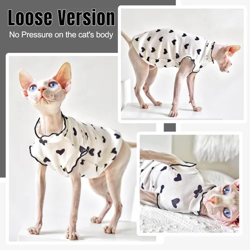 Vista 6 de DENTRUN Camisa suave de gato Sphynx, ropa transpirable con patrón de corazón para gatos