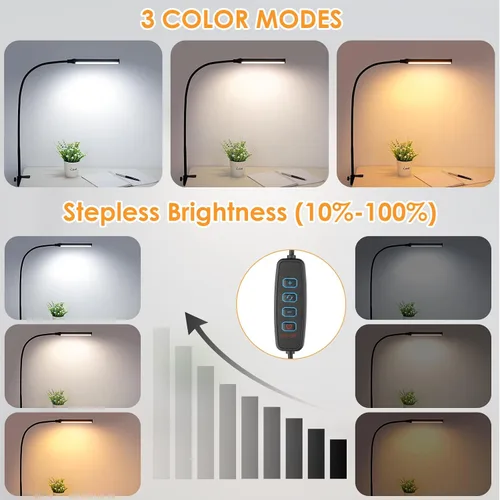 Vista 2 de ShineTech Lámpara de escritorio LED con abrazadera, con clip que cuida los ojos, luz de escritorio con 3 modos de color y atenuación continua