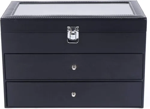 Vista 3 de Caja de cuero para 12 relojes y 12 piezas de almacenamiento para lentes y gafas de sol, cajón con cerradura con cerradura, color negro
