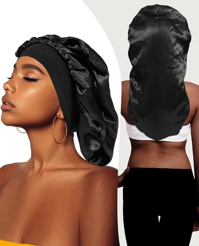 Vista 3 de AWAYTR Gorro largo de satén para mujer, gorro de seda de 2 capas para trenzas, gorro de dormir elástico con gorro de noche de banda ancha (negro)