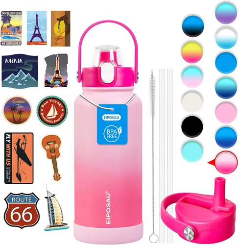 Vista 18 de Botella de agua aislada con tapa, bota y calcomanías, botella de acero inoxidable de 24 onzas, sin sudor, mantiene el frío las 24 horas, botella