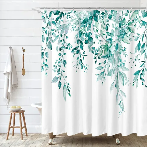 Vista 20 de Tititex - Juego de cortinas de ducha de eucalipto negro, hojas de acuarela gris en la parte superior, con decoración floral de baño, 60 x 72