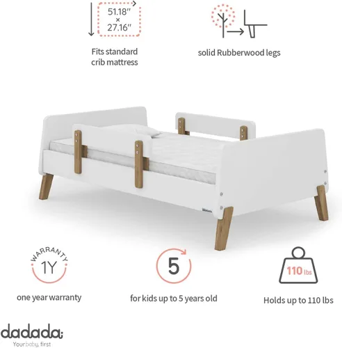 Vista 10 de Dadada Muse - Cama infantil con 2 rieles de seguridad extraíbles y marco de madera, color blanco Low Profile Montessori Bed for Kids, Solid Wood