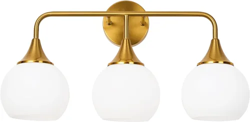 Vista 2 de Modernas luces doradas para tocador de baño, lámparas de baño de 3 luces sobre espejo con pantalla de vidrio blanco leche, aplique de pared moderno