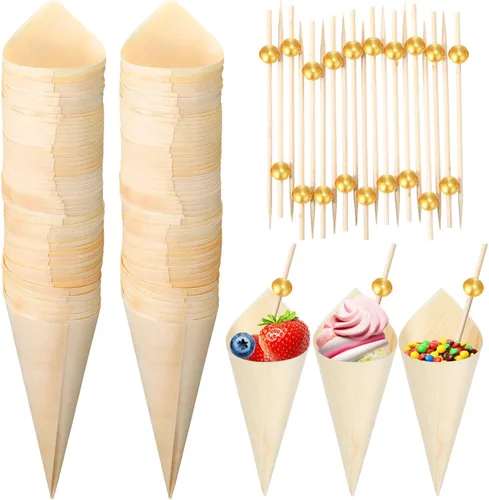 Vista 8 de Queekay 200 conos de madera desechables de madera de 5 pulgadas, cono de helado de perla, palillos de bambú para aperitivos, bebidas, boda, fiesta