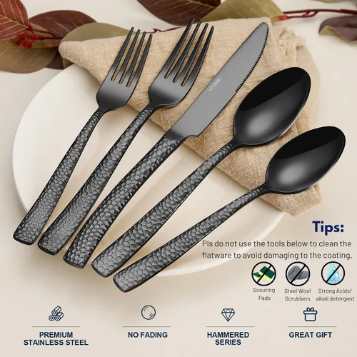 Vista 3 de VIVANI Juego de cubiertos pesados de 20 piezas de acero inoxidable para 4 personas con asas martilladas, cubiertos negros para el hogar