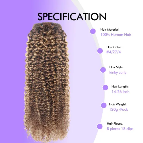 Vista 3 de Extensiones de cabello humano real rizado con clip, balayage, color marrón chocolate a rubio caramelo, 8 piezas con 18 clips, 4.23 oz/juego