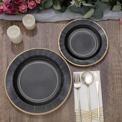 Vista 9 de Efavormart 25 Pack Platos de papel para servir y cenar de 10" en negro metálico con rayos de sol, platos desechables para fiestas - 350 GSM