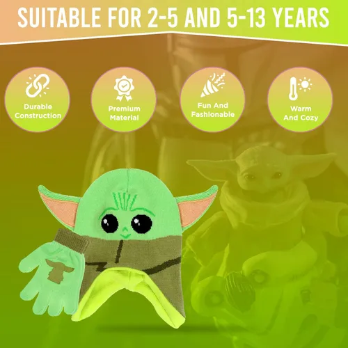 Vista 3 de Star Wars Baby Yoda - Gorro de invierno para niños y guantes de nieve o guantes para niños pequeños, 2 unidades, conjunto de guantes suaves y gorro