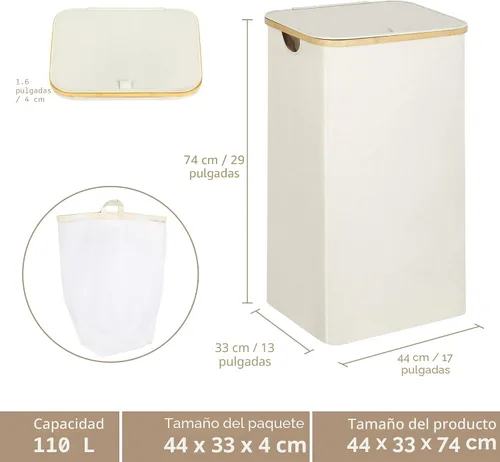 Vista 2 de iEGrow Cesta de lavandería con tapa, cesta grande de lavandería de 110 litros con asa y tapa, organizador de ropa plegable con bolsa interior Beige