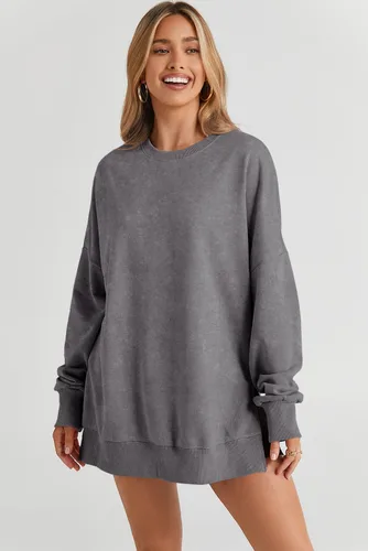 Vista 3 de SHEWIN Sudadera casual de manga larga con cuello redondo para mujer, ligera, holgada