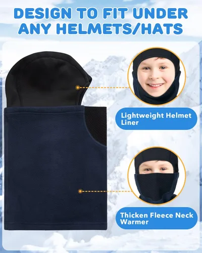 Vista 4 de Pasamontañas con forro para casco para niños, máscara de esquí para niños y niñas, forro polar para invierno, sombrero de nieve para clima frío