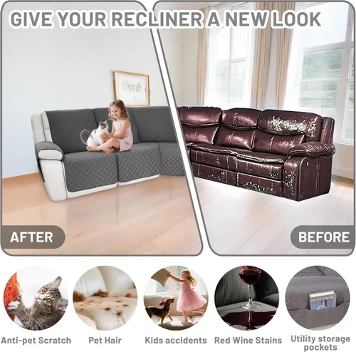 Vista 6 de Fundas impermeables para sofá seccional reclinable en forma de L, cubierta para sofá seccional reclinable, 7 piezas, antideslizantes, lavables