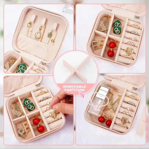 Vista 2 de XZUZ Pequeñas cajas de joyería de viaje, organizador de joyas portátil, cajas de almacenamiento para aretes, anillos, collares, cajas de joyería