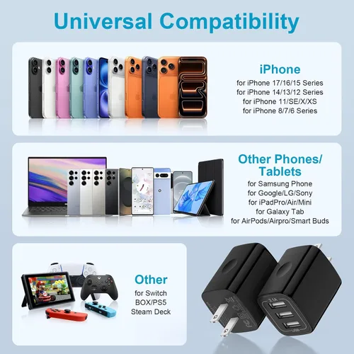 Vista 4 de Cargador de pared USB, paquete de 2 enchufes de pared de 3 puertos múltiples cargador rápido bloque cubo 3.1A adaptador de corriente para iPhone 17