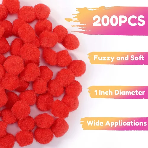 Vista 2 de Caydo 200 pompones rojos de 1 pulgada esponjosos para manualidades, decoración del día de San Valentín, decoración del día de San Valentín